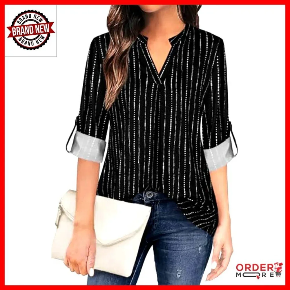 3/4 Sleeve V-Neck Chiffon Blouse Work Casual Tunic Top - Picture 2 of 7